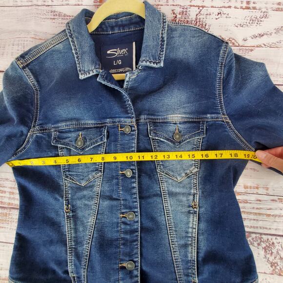Silver jeans Co. Y2K Jean Jacket Blue Fade Button Pockets Denim Coat Size Large - Picture 8 of 11